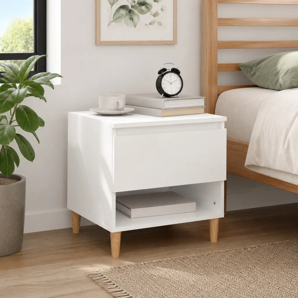 Bedside Table White High Gloss Modern Side Storage Cabinet Nightstand 50cm