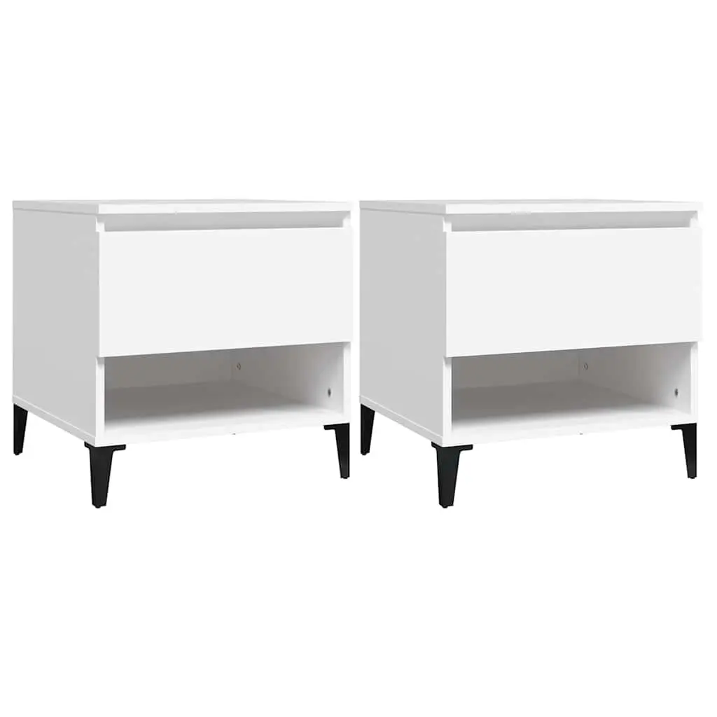 White Side Tables 2 Piece Engineered Wood Storage Drawer Living Room Furniture