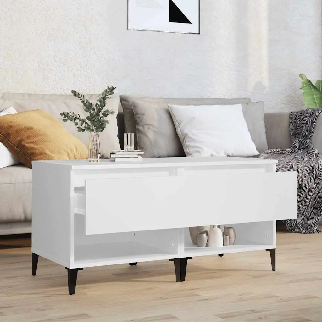 White Side Tables 2 Piece Engineered Wood Storage Drawer Living Room Furniture