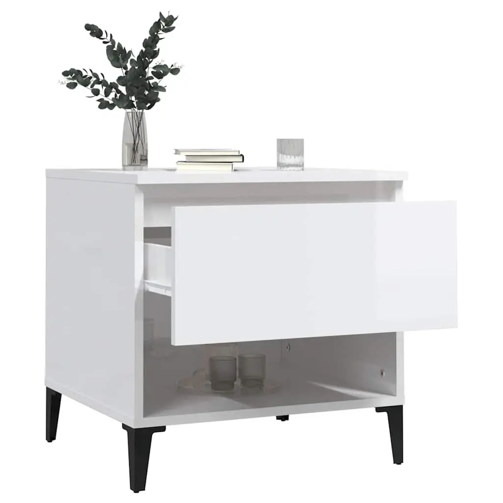 End Table White High Gloss Storage Drawer Compartment Living Room Accent