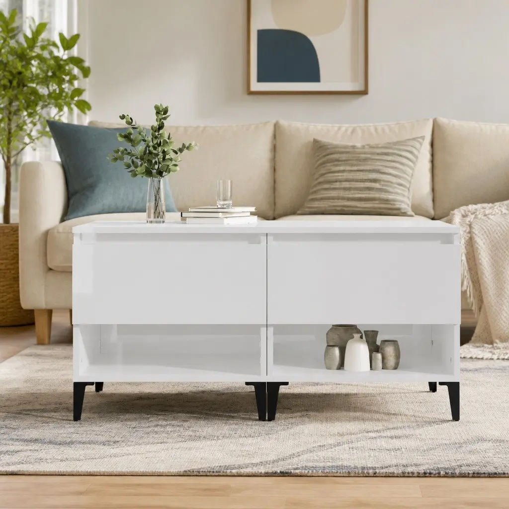 End Tables 2 Pieces White High Gloss Side Table Storage Drawer Compartment