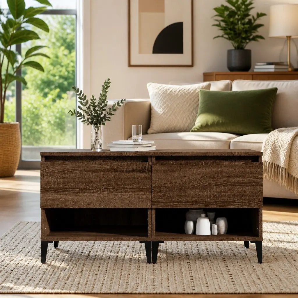 End Tables Side Tables with Drawer Storage Brown Oak Engineered Wood 50 x 46 x 50 cm 2 pcs