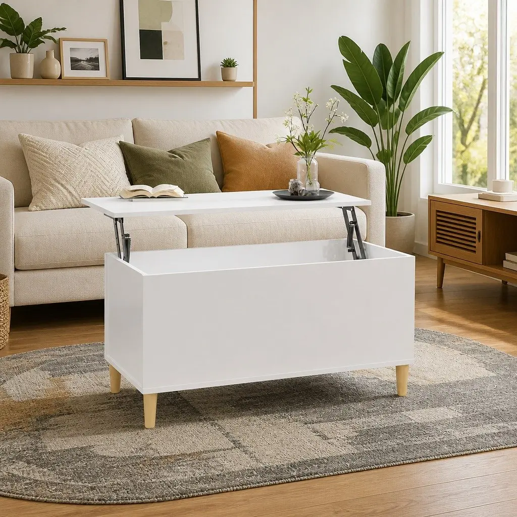 Coffee Table Lift Top White High Gloss 90x44.5x45cm Hidden Storage Compartment