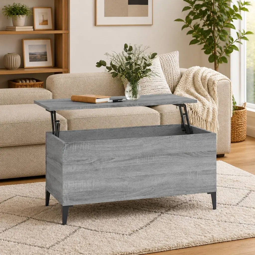 Lift-Top Coffee Table Grey Sonoma Engineered Wood Storage Compartment 90 x 44.5 x 45 cm