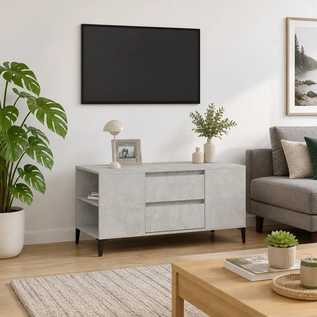 TV Cabinet Grey 102x44.5x50 cm Engineered Wood Storage Unit with 4 Open Compartments and 2 Drawers