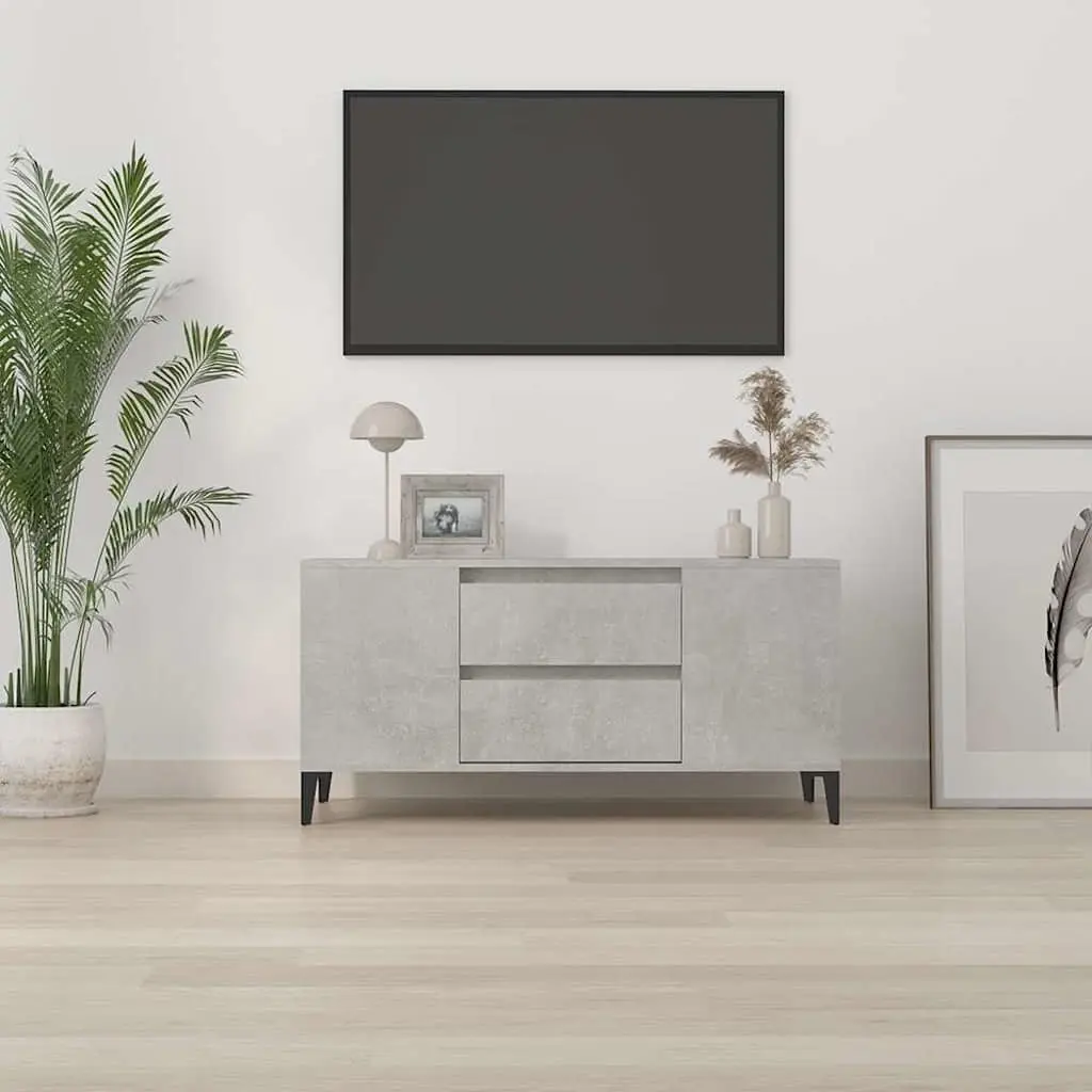 TV Cabinet Grey 102x44.5x50 cm Engineered Wood Storage Unit with 4 Open Compartments and 2 Drawers