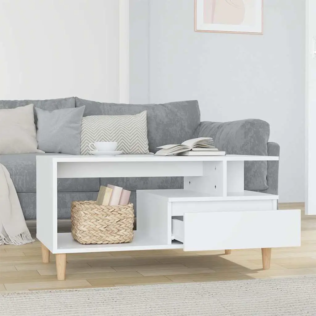 Coffee Table Storage Drawer 90x49x45 cm White Engineered Wood