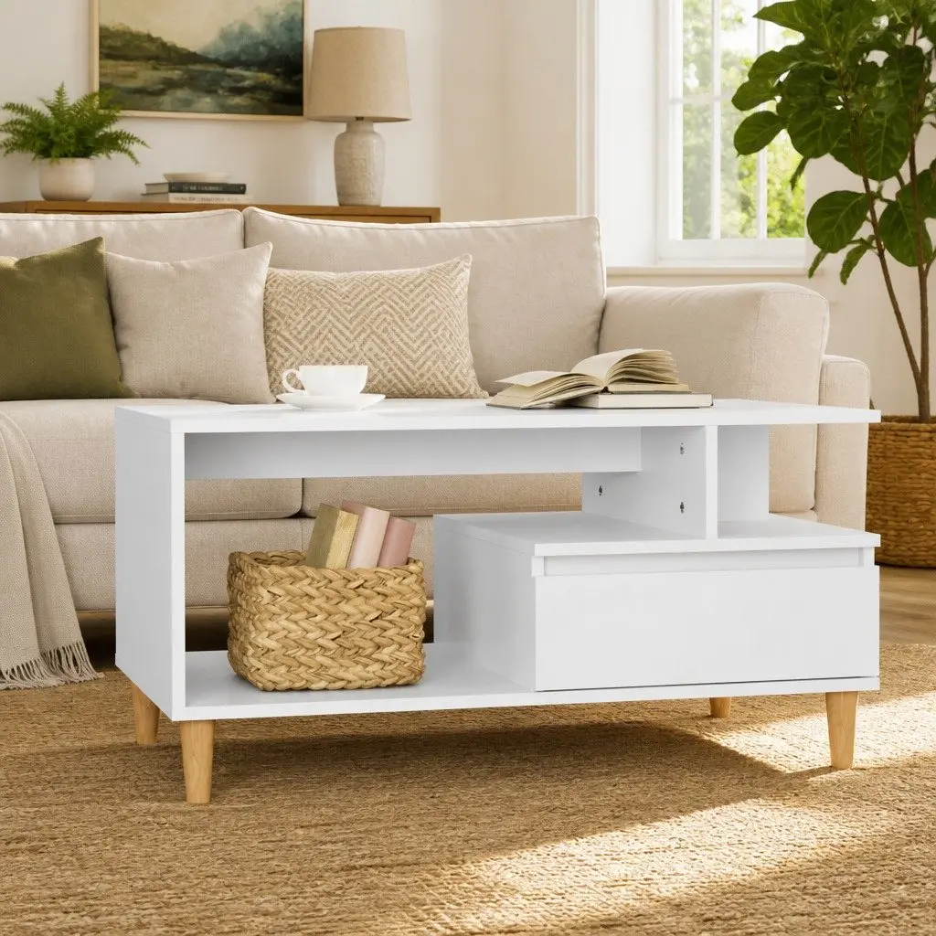 Coffee Table Storage Open Shelves Drawer 90 x 49 x 45 cm High Gloss White Engineered Wood