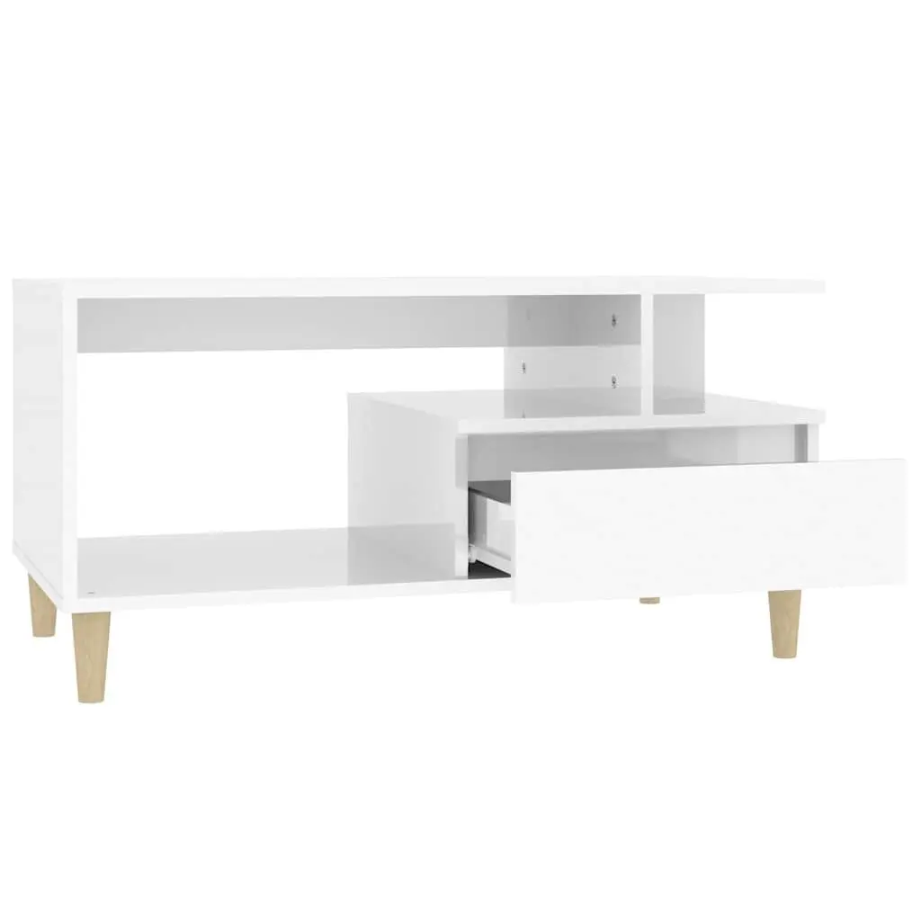Coffee Table Storage Open Shelves Drawer 90 x 49 x 45 cm High Gloss White Engineered Wood