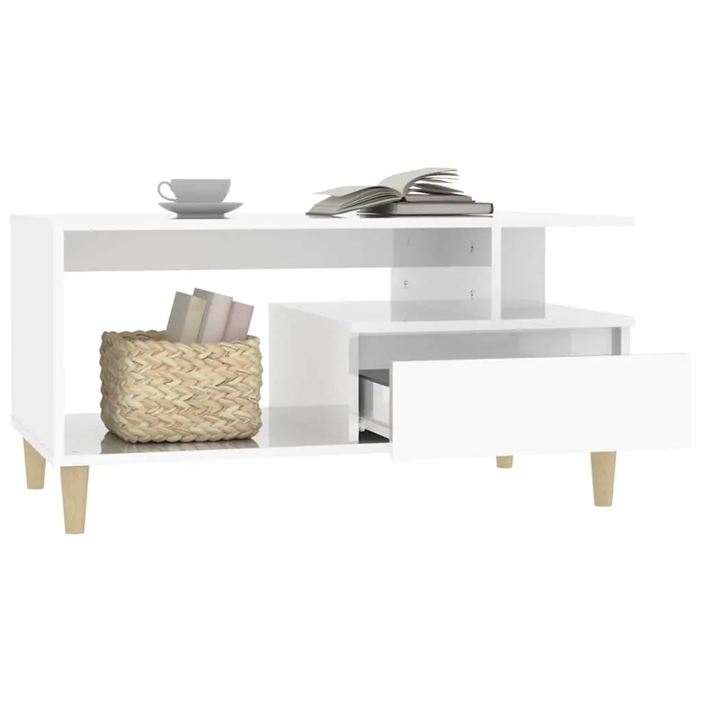 Coffee Table Storage Open Shelves Drawer 90 x 49 x 45 cm High Gloss White Engineered Wood