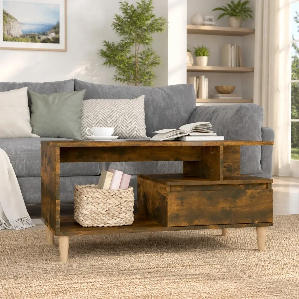 Coffee Table with Drawer Storage Smoked Oak Open Compartment Side Table