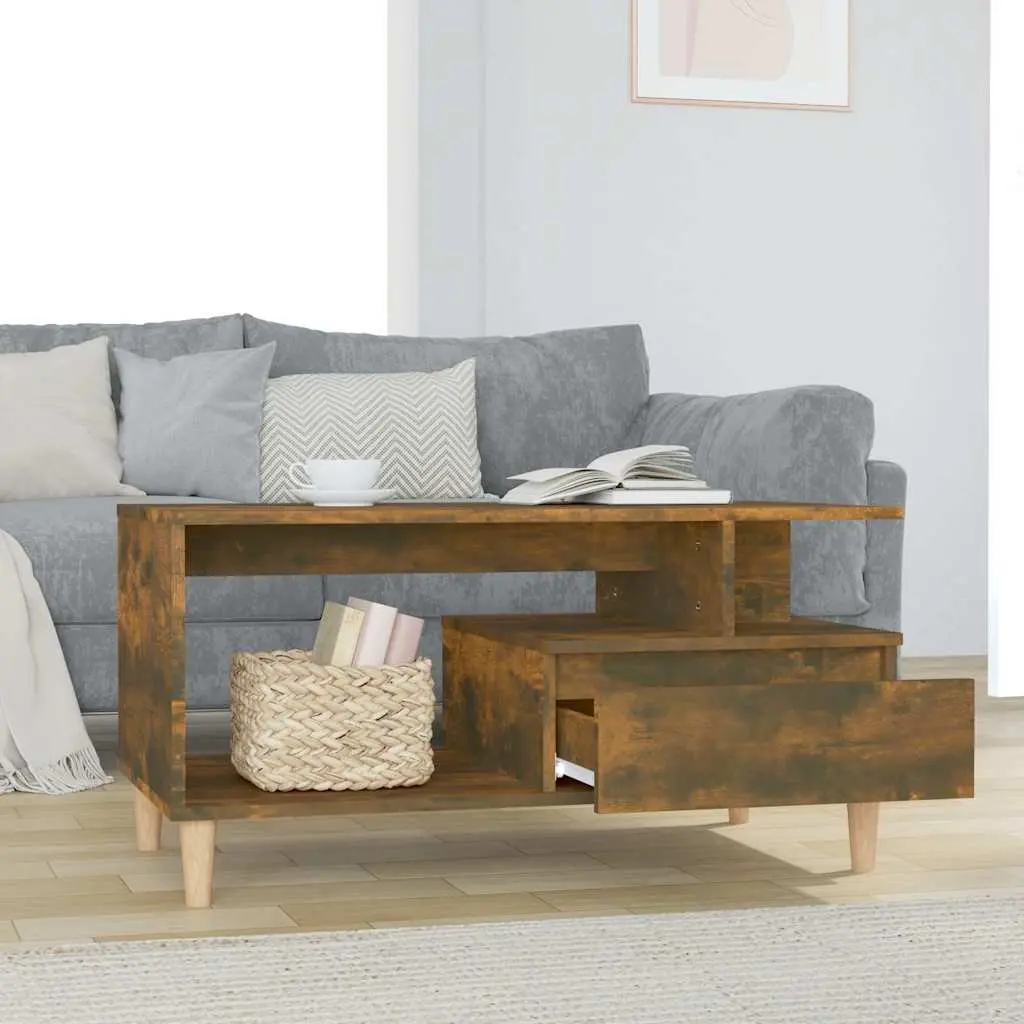 Coffee Table with Drawer Storage Smoked Oak Open Compartment Side Table