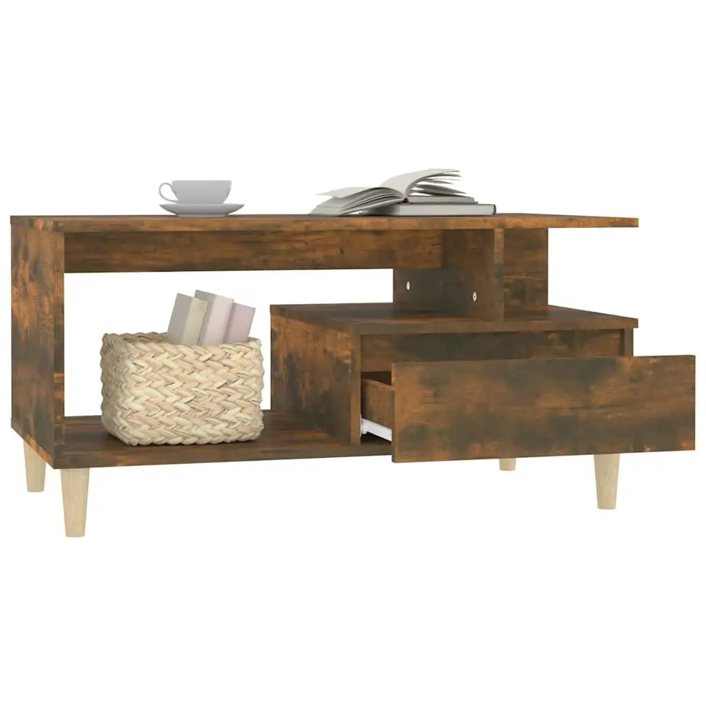 Coffee Table with Drawer Storage Smoked Oak Open Compartment Side Table