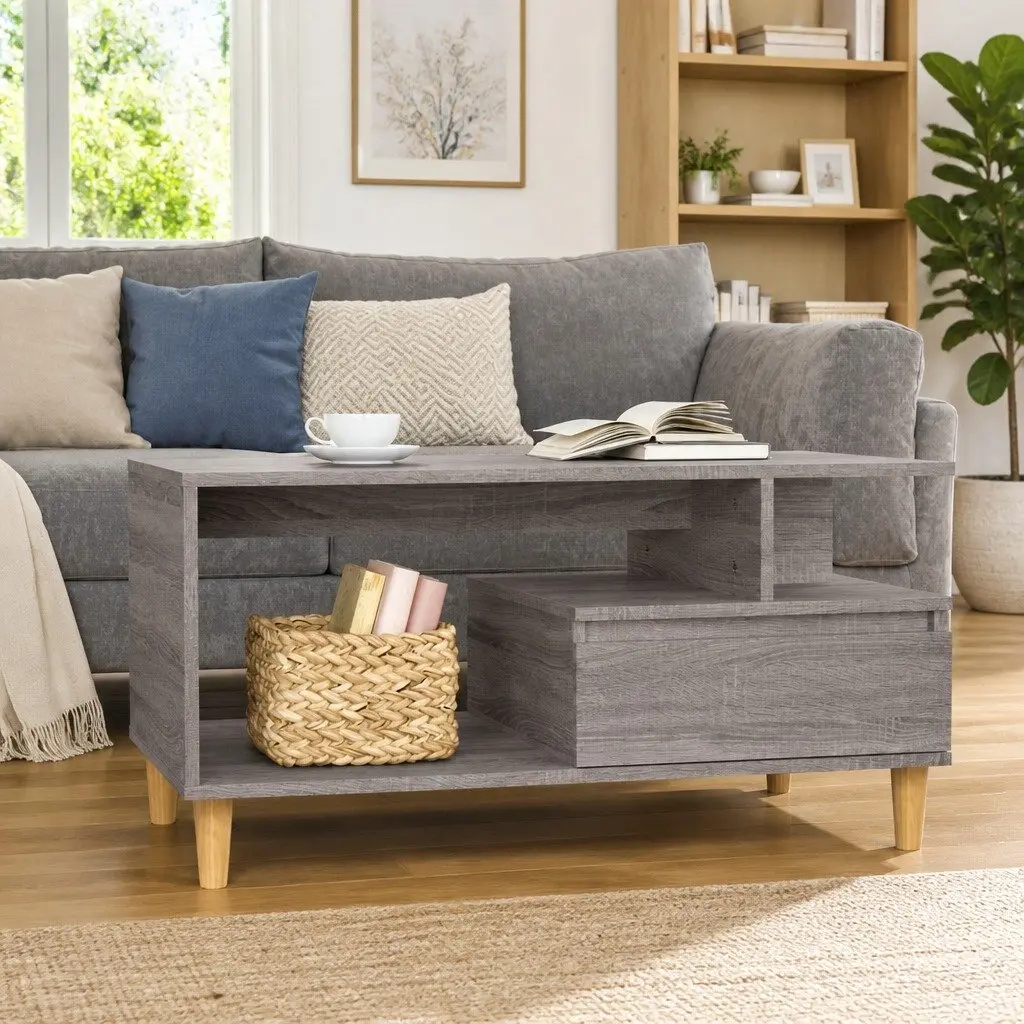 Coffee Table Grey Sonoma 90x49x45cm Open Compartment Drawer Storage Accent Table