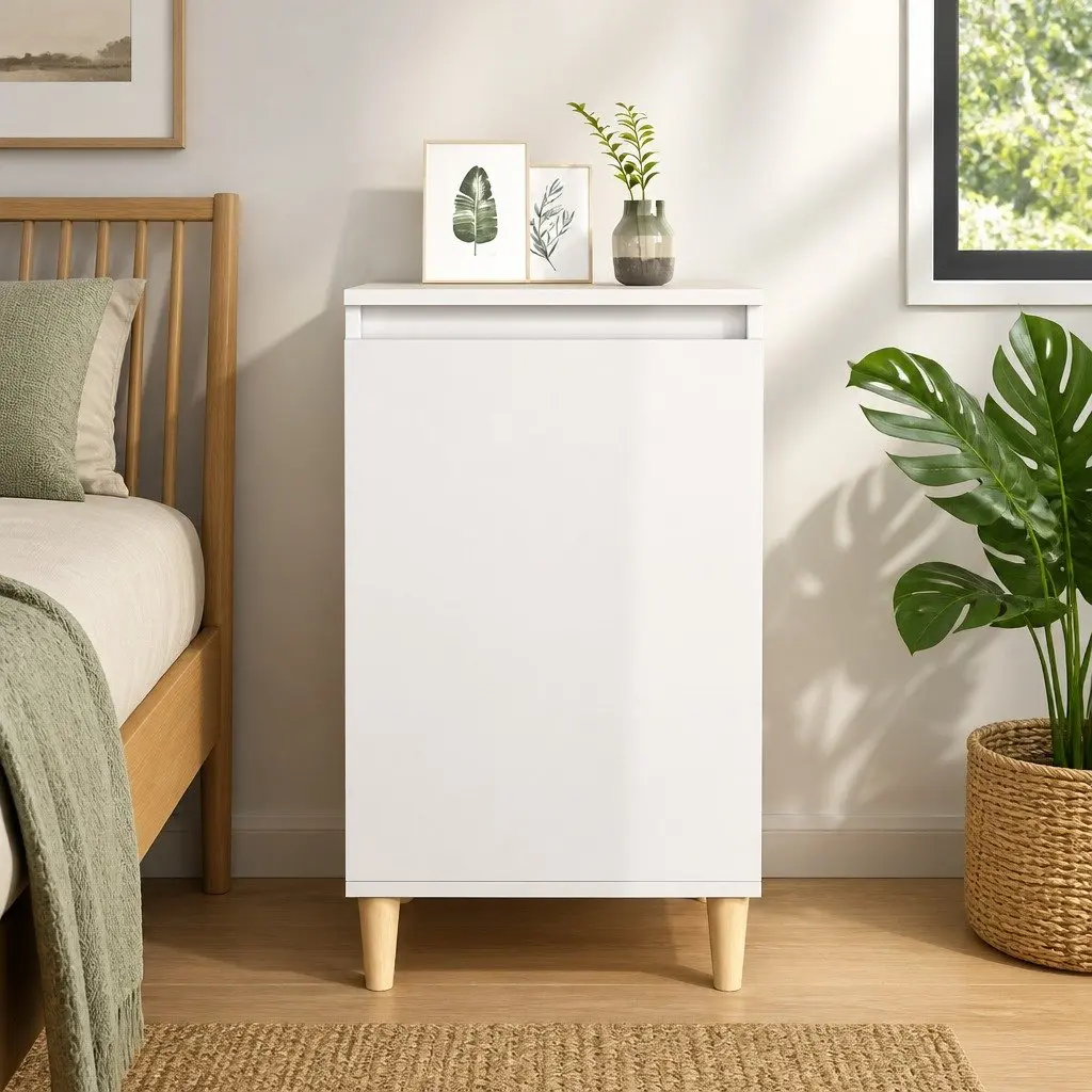 Bedside Cabinet White High Gloss 40x35x70cm Nightstand Storage Table Wooden Legs