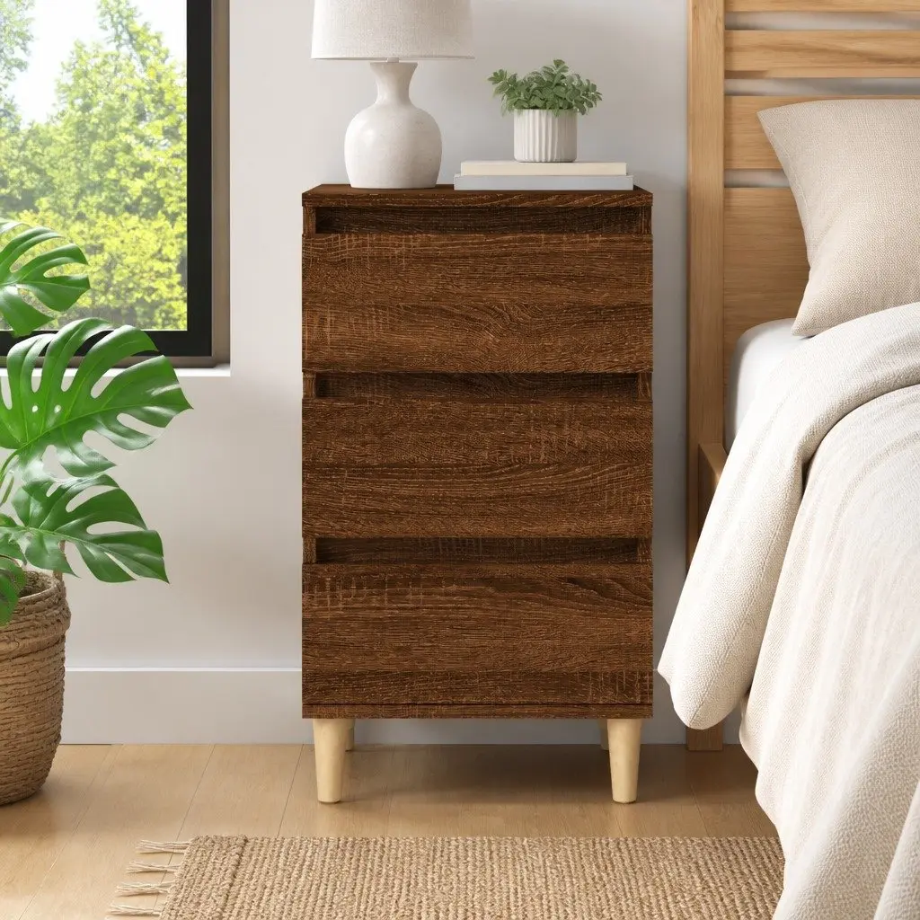 Brown Oak Bedside Cabinet with 3 Drawers