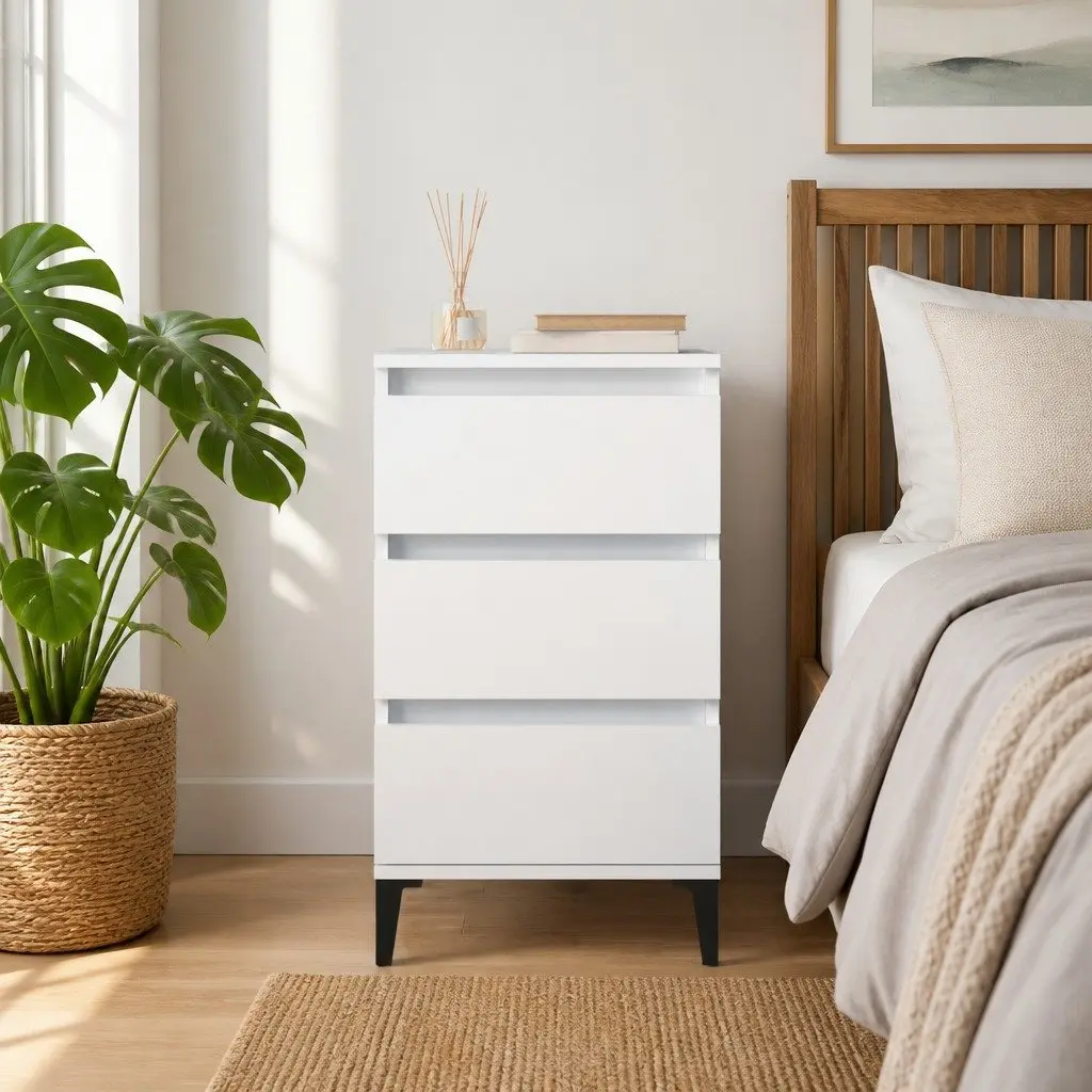 Bedside Cabinet Industrial Style Nightstand 40x35x70cm White 3 Drawer Storage