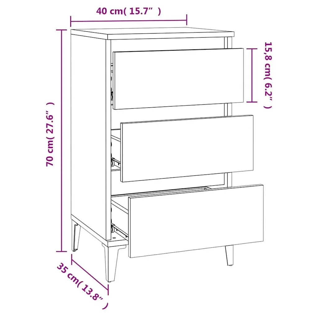 Bedside Cabinet Industrial Style Nightstand 40x35x70cm White 3 Drawer Storage