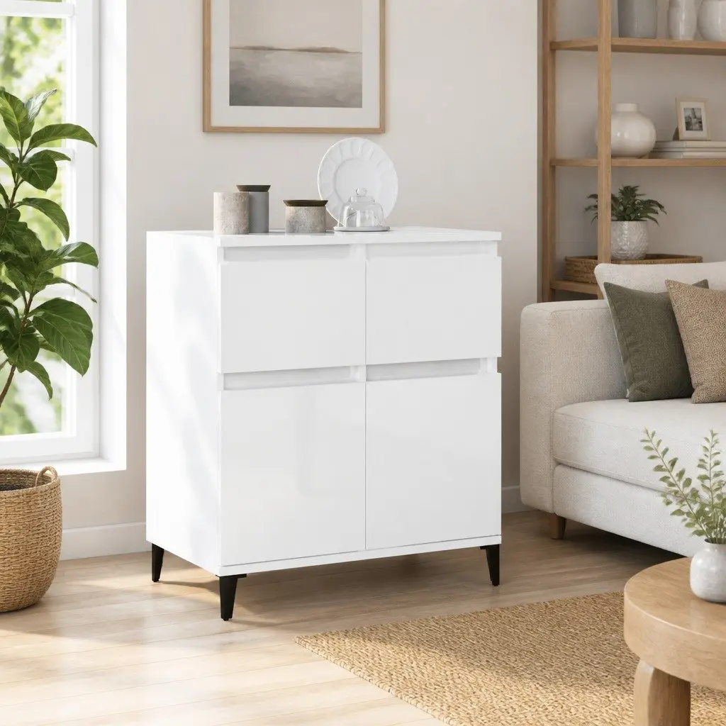 Sideboard Storage Cabinet 60x35x70cm High Gloss White Engineered Wood 2 Drawer