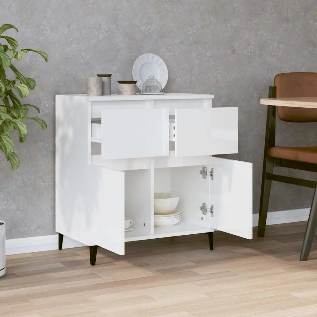 Sideboard Storage Cabinet 60x35x70cm High Gloss White Engineered Wood 2 Drawer