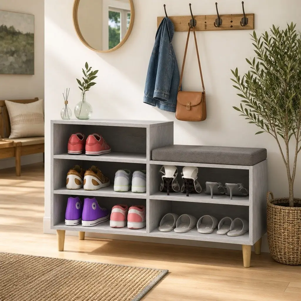 Shoe Cabinet Grey Storage Organiser 5 Compartments Engineered Wood Wooden Legs