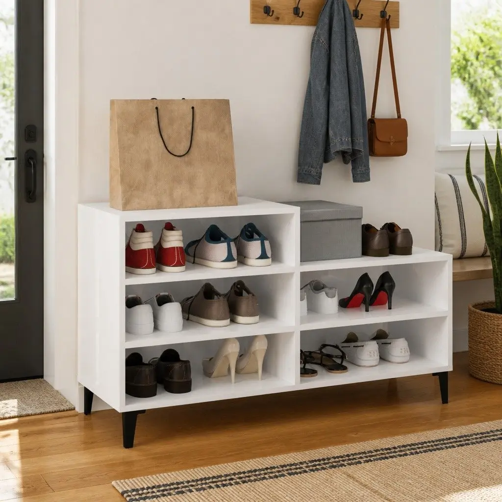 Shoe Storage Cabinet Compact Organiser Unit 5 Shelves High Gloss White Engineered Wood