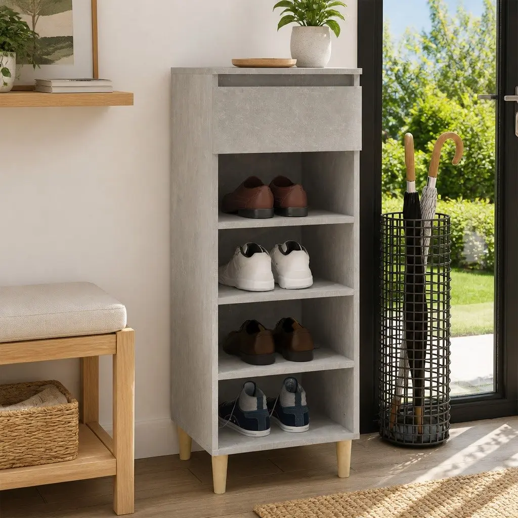 Shoe Cabinet Storage Organiser 4 Shelves 1 Drawer Grey Wooden Furniture