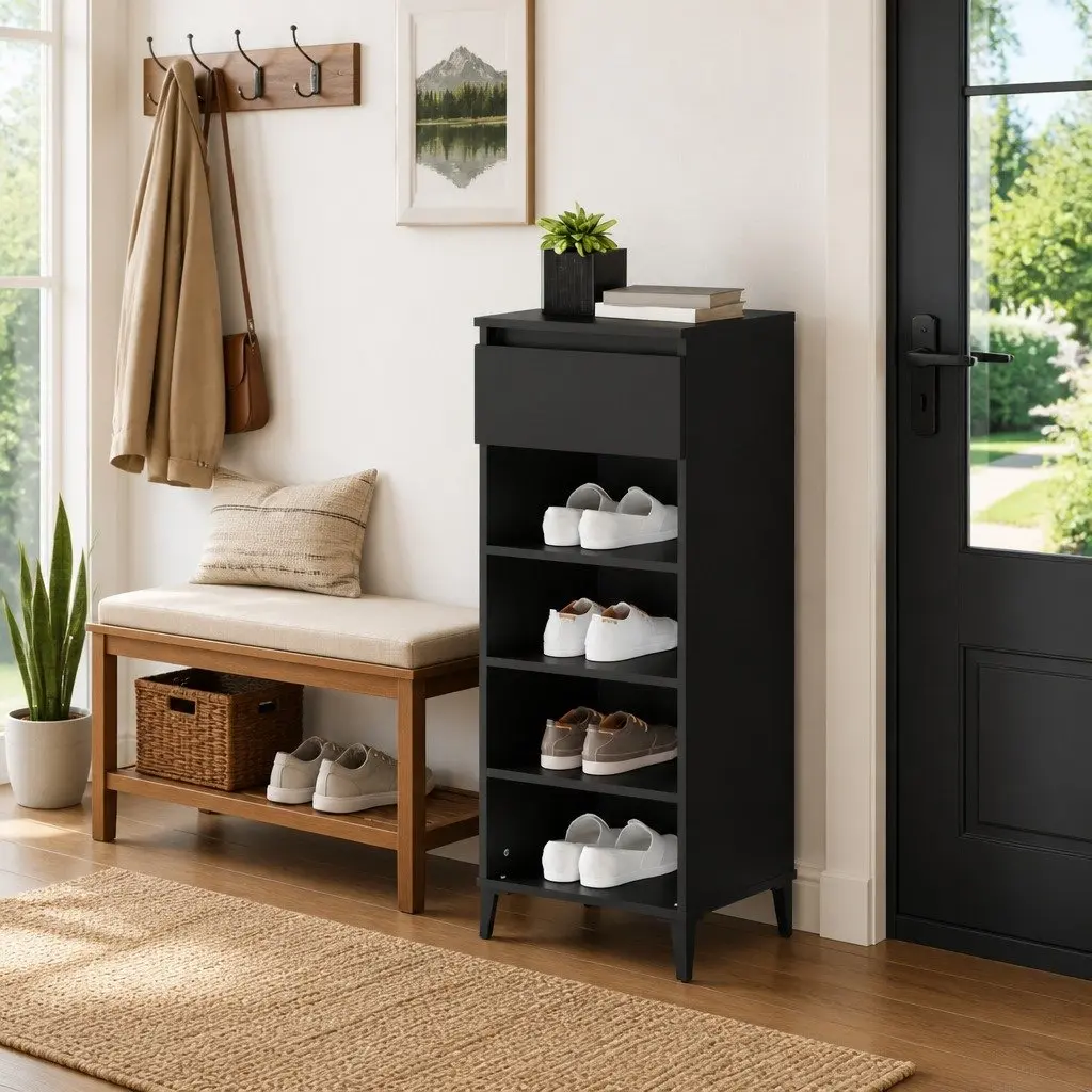 Shoe Rack Storage Cabinet Organiser Unit Black Engineered Wood 1 Drawer 3 Shelves