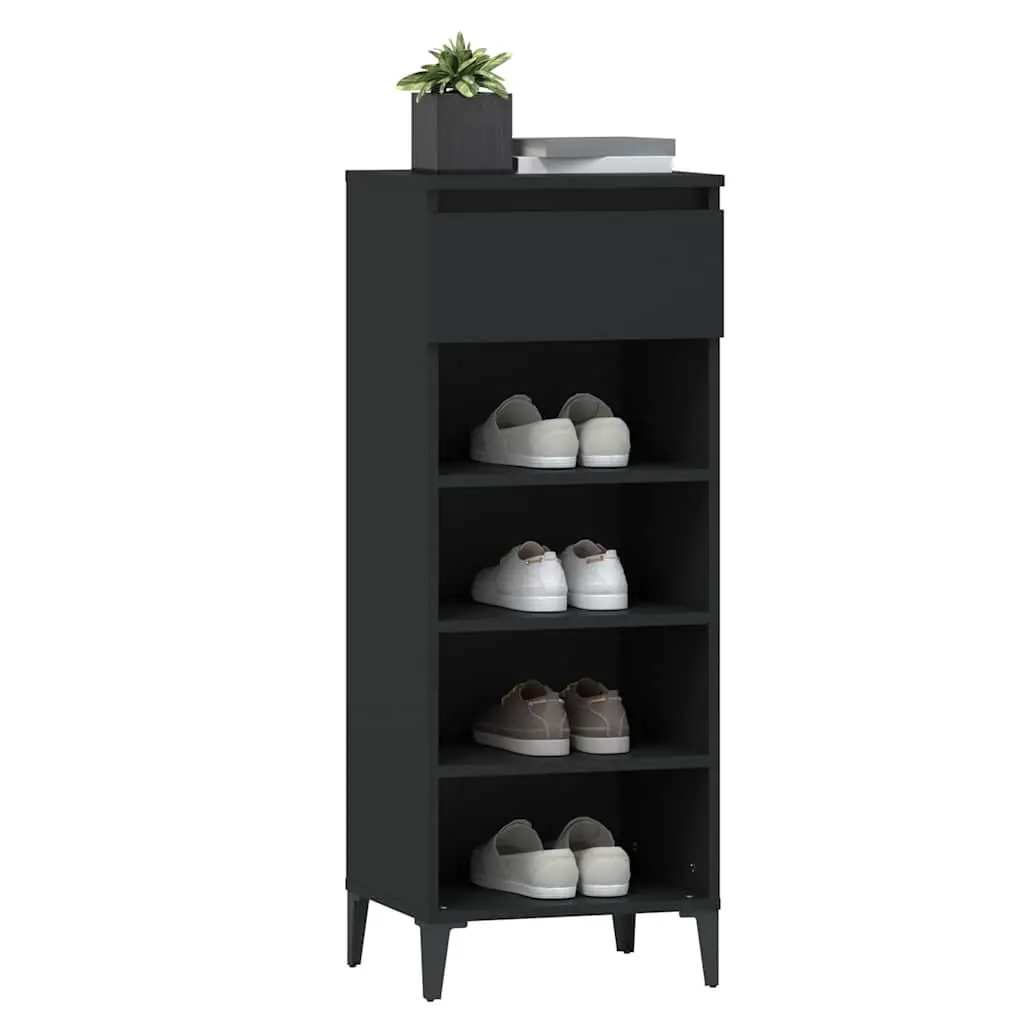 Shoe Rack Storage Cabinet Organiser Unit Black Engineered Wood 1 Drawer 3 Shelves