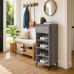 Elegant Grey Shoe Rack with Drawer and Shelves