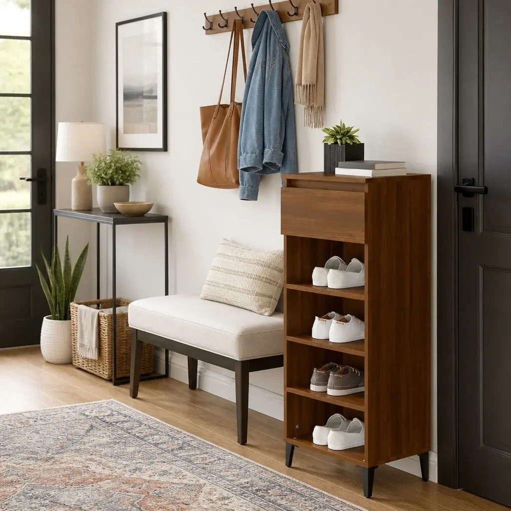 Shoe Rack Storage Organiser 40x36x105 cm Brown Oak with Shelves and Drawer