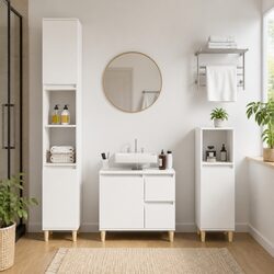 Practical White Bathroom Vanity Cabinet with Eucalyptus Feet