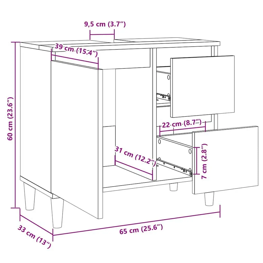 Bathroom Cabinet Black Engineered Wood Storage Unit 65x33x60cm with Drawers