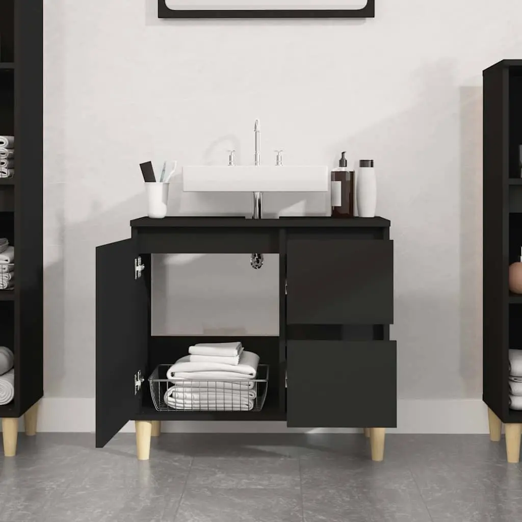 Bathroom Cabinet Black Engineered Wood Storage Unit 65x33x60cm with Drawers