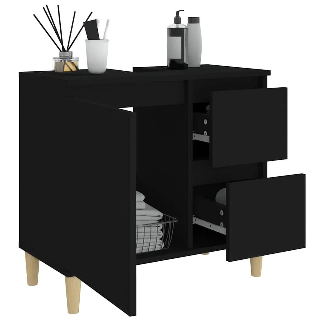 Bathroom Cabinet Black Engineered Wood Storage Unit 65x33x60cm with Drawers