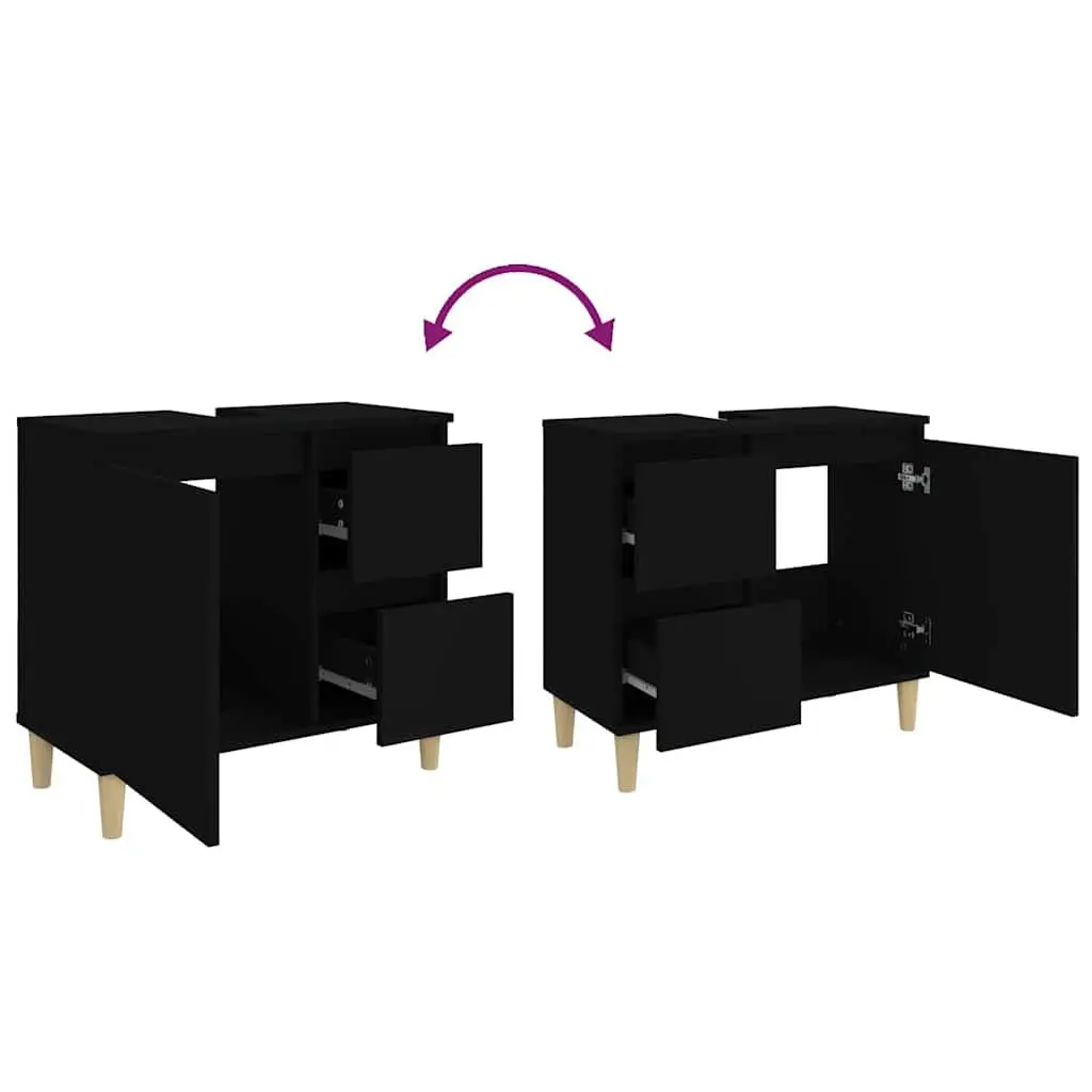 Bathroom Cabinet Black Engineered Wood Storage Unit 65x33x60cm with Drawers