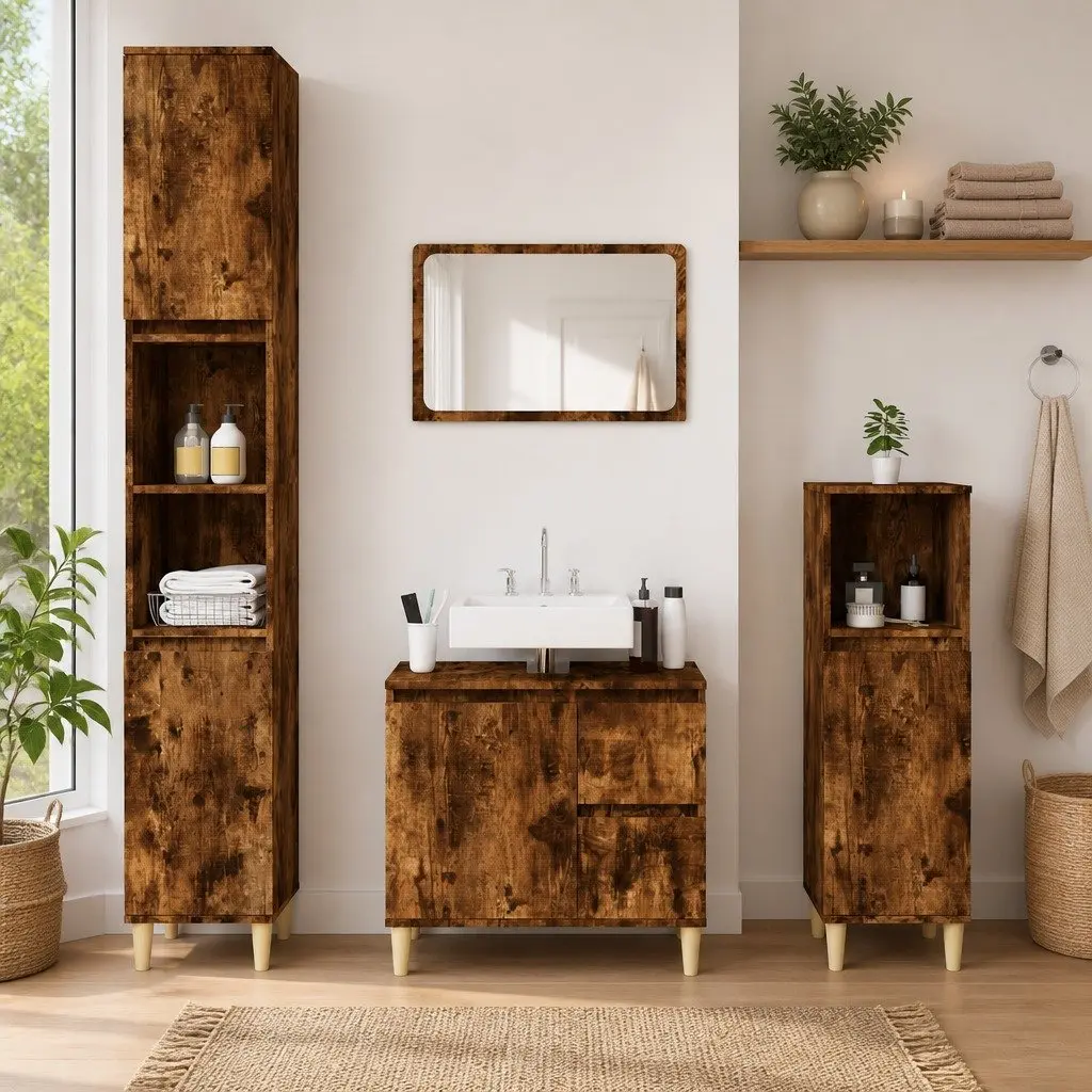Bathroom Cabinet Storage Cupboard 65x33x60cm Smoked Oak 2 Drawers