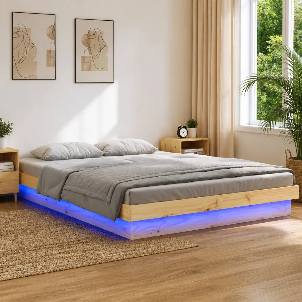Solid Wood Bed Frame with LED Lighting for 150x200 cm