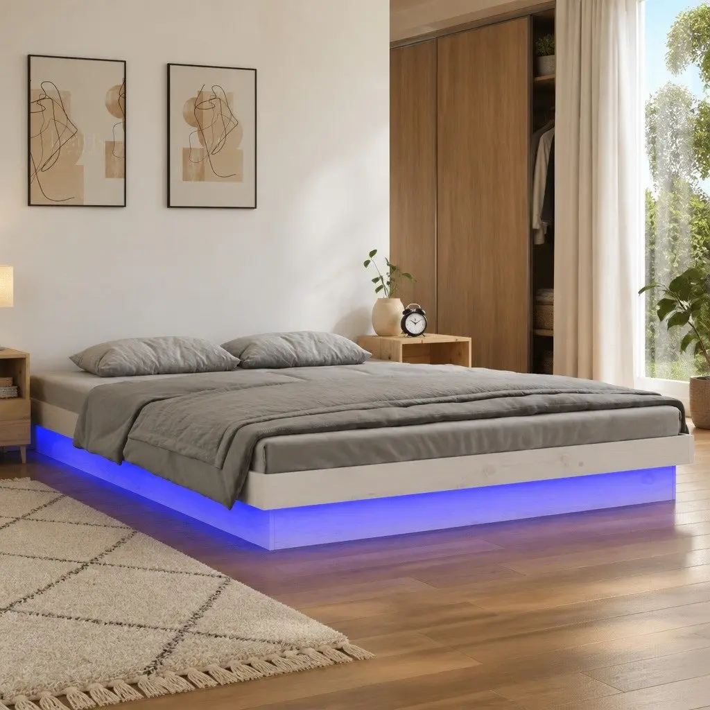 LED Bed Frame 150x200cm Solid Wood White with Remote Control