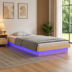 Solid Wood LED Bed Frame 90x190 cm Brown Single Bedroom Furniture Remote Control