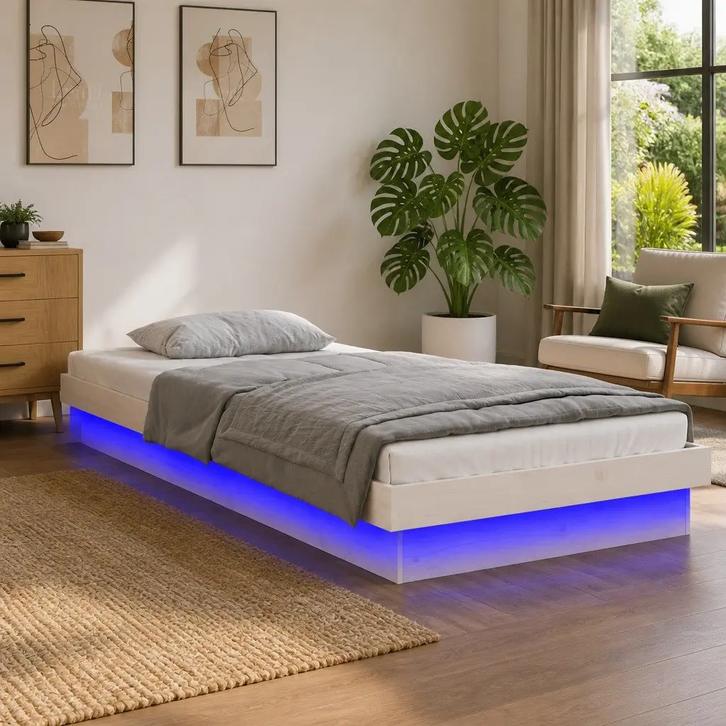 White LED Bed Frame 90x190cm with Slatted Base