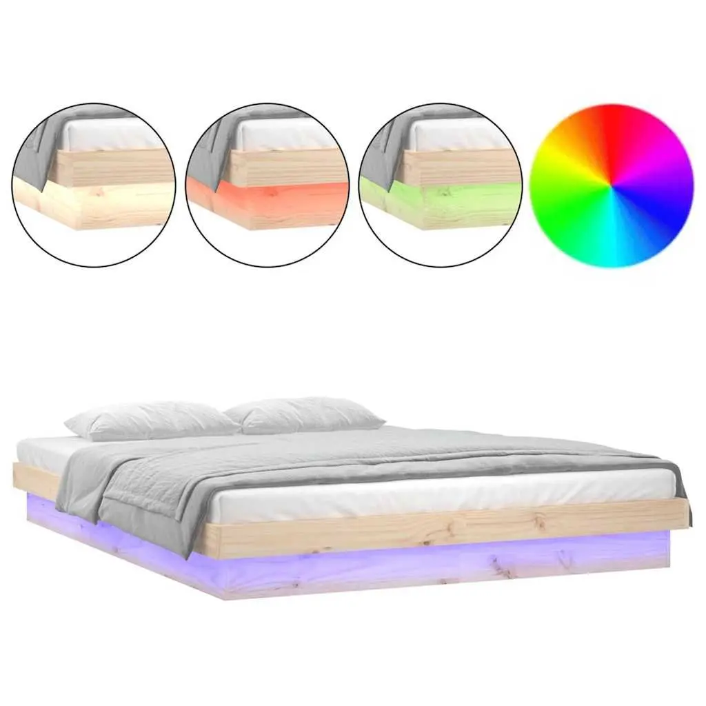 Bed Frame with LED Lights 135x190 cm Solid Pine Wood Brown Bedroom Furniture
