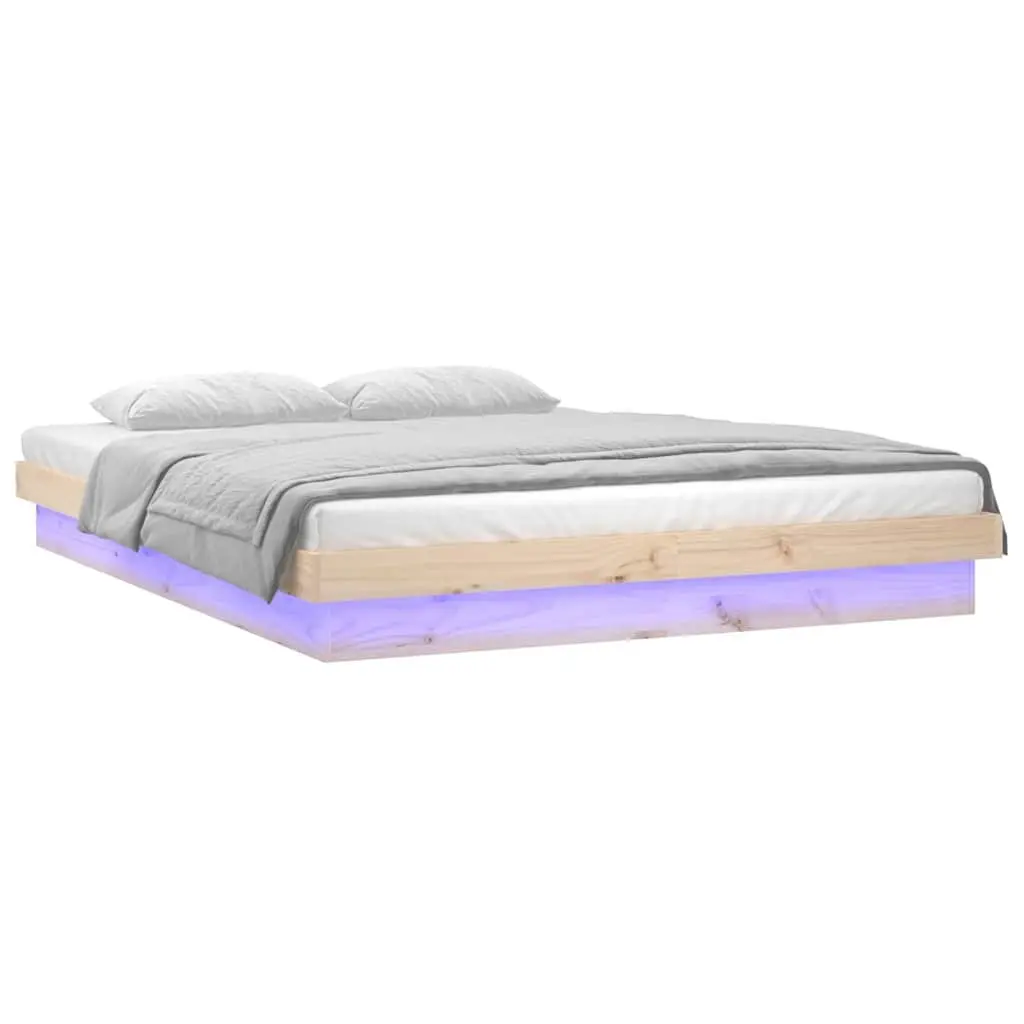 Bed Frame with LED Lights 135x190 cm Solid Pine Wood Brown Bedroom Furniture