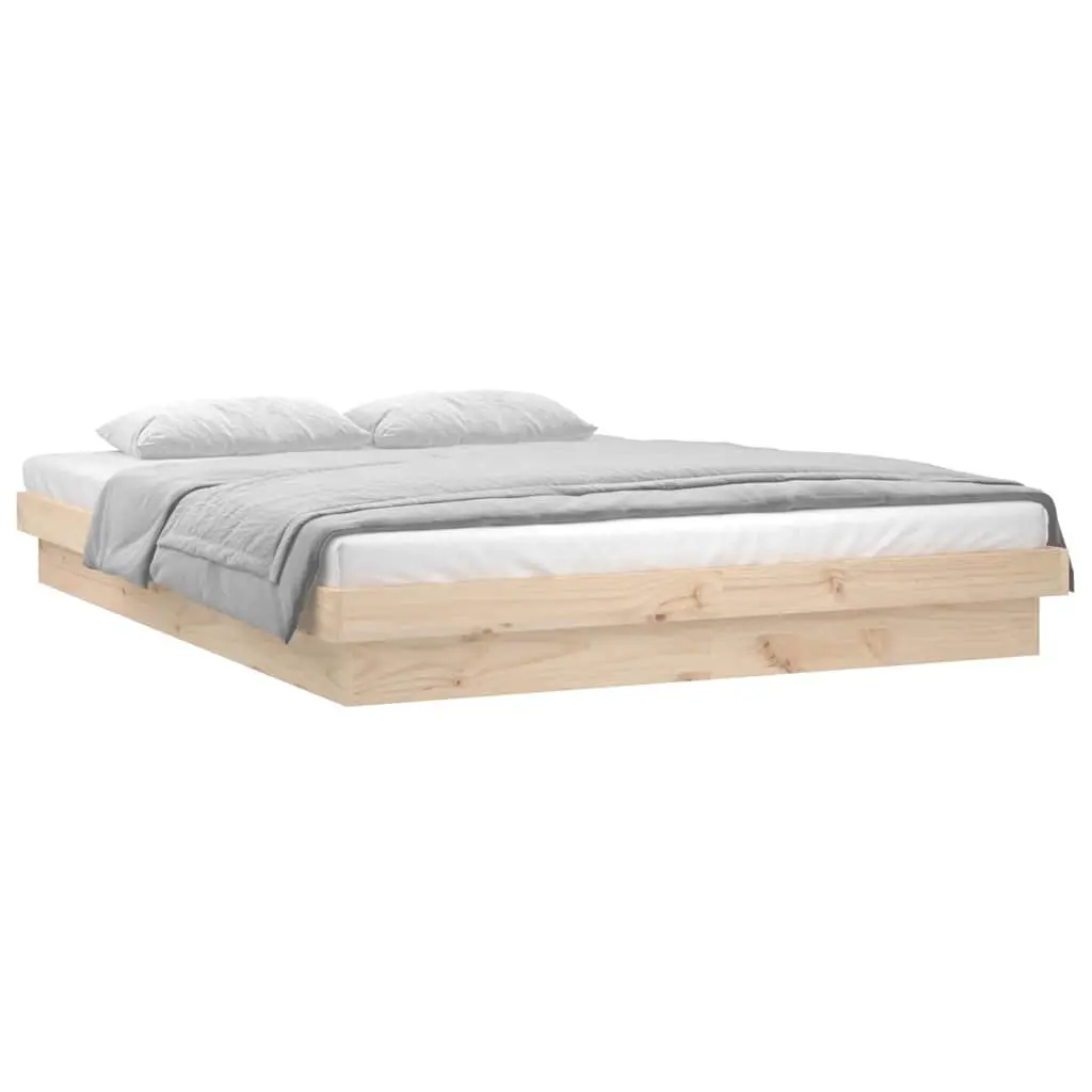Bed Frame with LED Lights 135x190 cm Solid Pine Wood Brown Bedroom Furniture