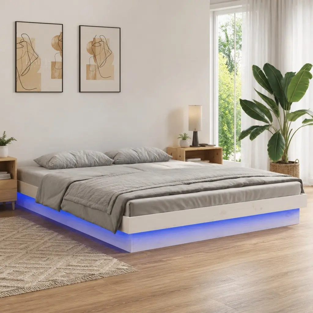 Bed Frame with Colourful LED Lights 135x190 cm White Solid Pine Wood Slatted