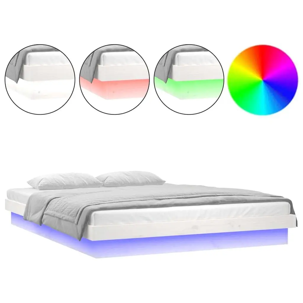Bed Frame with Colourful LED Lights 135x190 cm White Solid Pine Wood Slatted
