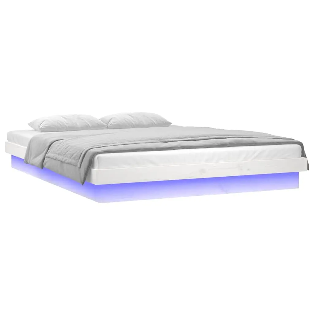 Bed Frame with Colourful LED Lights 135x190 cm White Solid Pine Wood Slatted