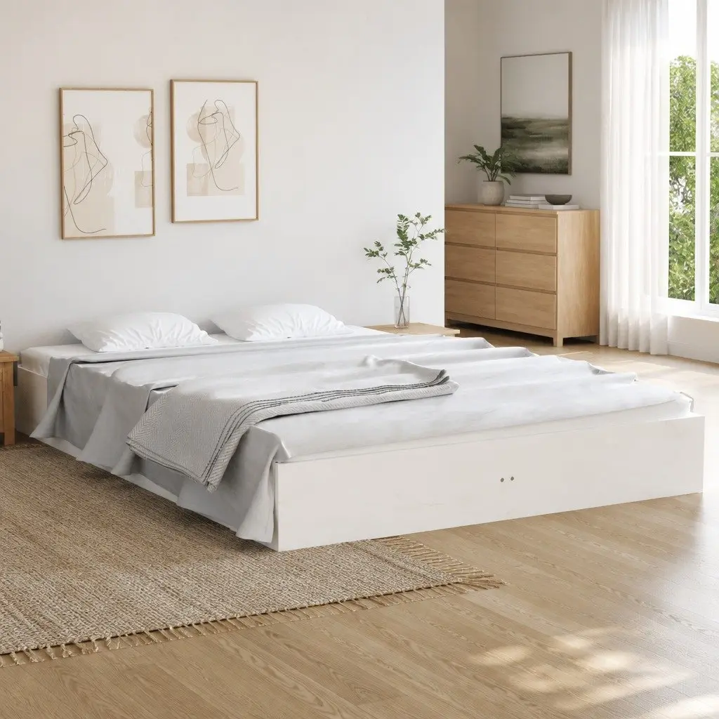 Bed Frame Slatted Base 150x200 cm White Solid Wood Modern Bedroom Furniture