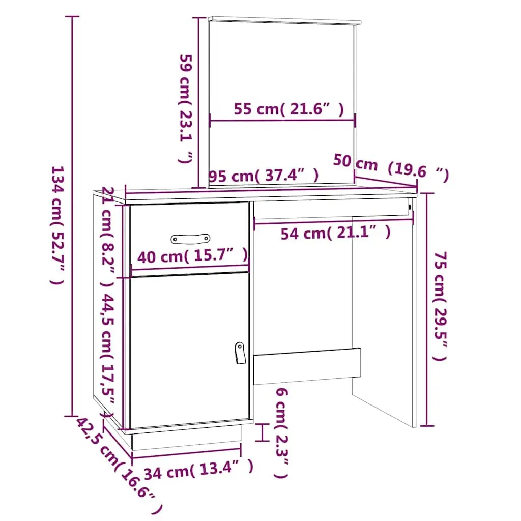 Solid Pine Dressing Table with Mirror and Storage Solutions 95x50x134 cm