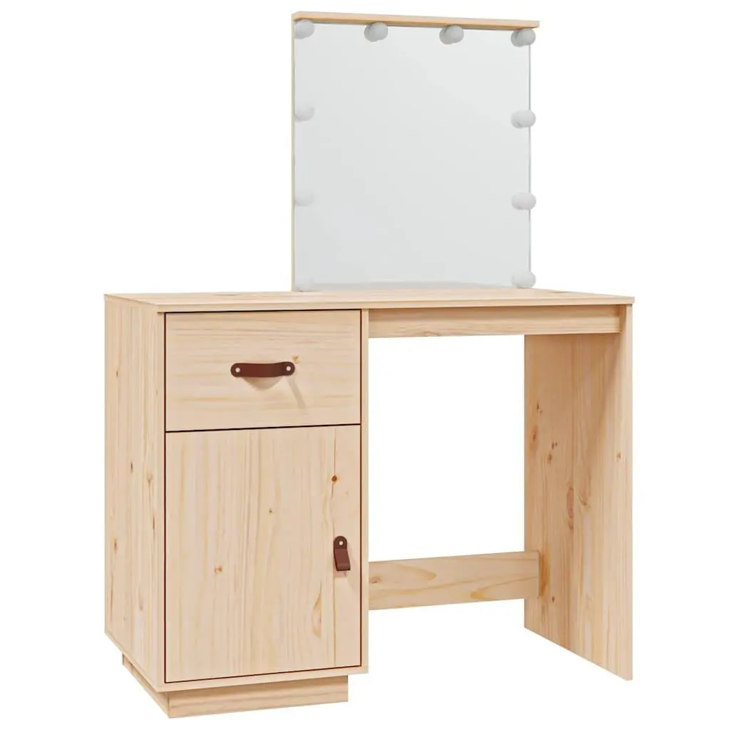 Dressing Table Makeup Vanity Desk with LED Mirror Brown Solid Pine Wood